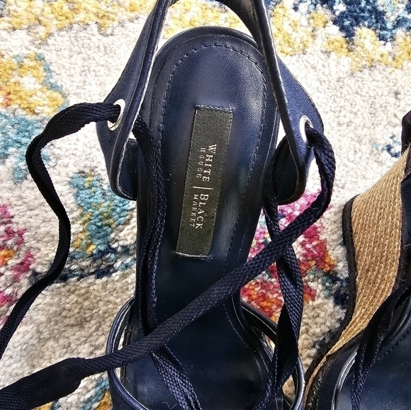 White House Black Market Navy Blue Espradille Ankle-Wrap Wedge Sandals Size 6.5 - Picture 15 of 16
